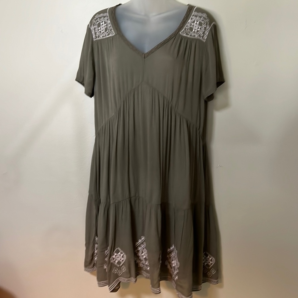 Olive Green V-Neck Embroidered Women’s Dress